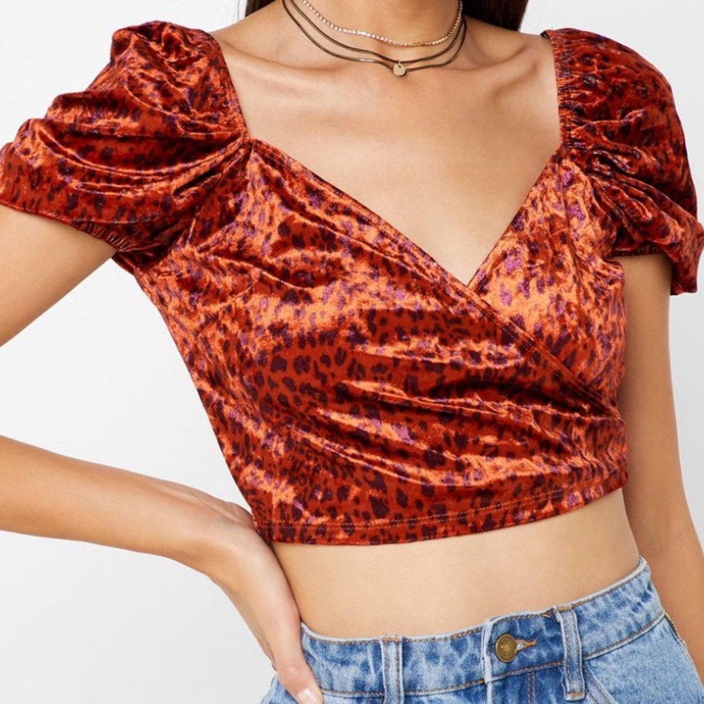 Forever 21 Leopard Print Faux Wrap Velvet Crop Top